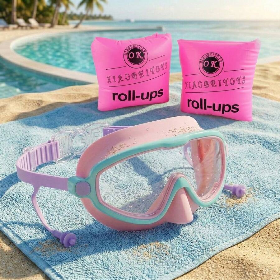 Full Face Swimming Goggles & Arm Bands Set For Kids 4-15 Years Old, Nose Cover Design, Waterproof High-Definition Vision, Anti-Fog Lenses, Silicone Earplugs, Unisex Swimming Gear - Multicolor - View 1
