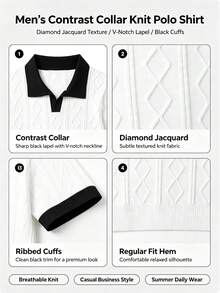 SAND SOUND Men's Contrast Collar Knit Polo Shirt, V‑Notch Lapel Short Sleeve Tee, Diamond Jacquard Textured Casual Summer Top - White - View 5