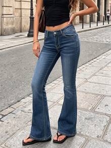 Casual Chic Basic Women's Washed Denim Low Waist Skinny Flare Maxi Pants, New Style - Dark Wash - View 4