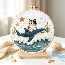 2 Cute Cat DIY Embroidery Material Kits With Full Set Of Tools And Embroidery Hoop, Ocean Shark Cat / Lotus Dragonfly Cat 3D Embroidery Kit, Beginner Stress Relief Handmade Desktop Decor Creative Gift - Multicolor - View 2