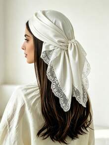1pc Elegant White Satin Floral Lace Trim Hijab Headscarf, Back Knot Bow Design, Smooth Silky Headwrap, Suitable For Daily Wear And Party - White - View 1