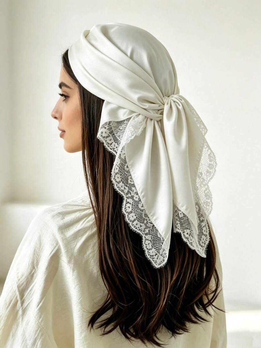 1pc Elegant White Satin Floral Lace Trim Hijab Headscarf, Back Knot Bow Design, Smooth Silky Headwrap, Suitable For Daily Wear And Party - White - View 1
