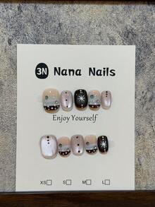 10pcs Pure Handmade Press On Nails Short Squoval Shaped, Purple Cat Eye Base With Snowflake Stars Polka Dots Rhinestone, Fake Nails For Women And Girls, Winter & Fall Nails, Glamour, Party, Daily Life Use - Mauve Purple - View 4