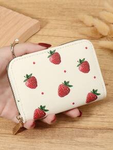 Fashionable Strawberry Printed Simple Portable Coin Wallet Zipper, Multi Slot Simple Credit Card Holder, Multi-Purpose Women's Wallet Card Bag - White - View 2