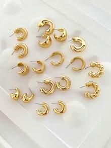 6-18PCS Women's Elegant Gold Earrings Studs Set, Large & Small C-Hoops, Wide & Narrow C-Hoops, Twisted, Ribbed, Water Drop, Suitable For Holiday Party, Daily Wear, Vacation, Best Gift For Women (Lightweight CCB Material, Non-Fading) - Gold - View 2