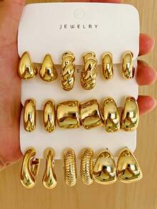 6-18PCS Women's Elegant Gold Earrings Studs Set, Large & Small C-Hoops, Wide & Narrow C-Hoops, Twisted, Ribbed, Water Drop, Suitable For Holiday Party, Daily Wear, Vacation, Best Gift For Women (Lightweight CCB Material, Non-Fading) - Gold - View 9