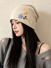 1pc Japanese Style Cute Plush Star Hat For Women, Autumn/Winter Windproof Warm Beanie With Ear Flaps, Face-Slimming Slouchy Cap, Suitable As Holiday Gift - A - View 12