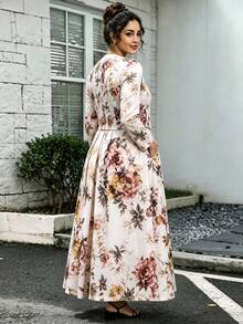 Women's Plus Size Printed Maxi Dress With Cardigan Collar Jacket, Elegant Autumn 2 Pieces Set, Modern Vacation Style - Pink - View 3
