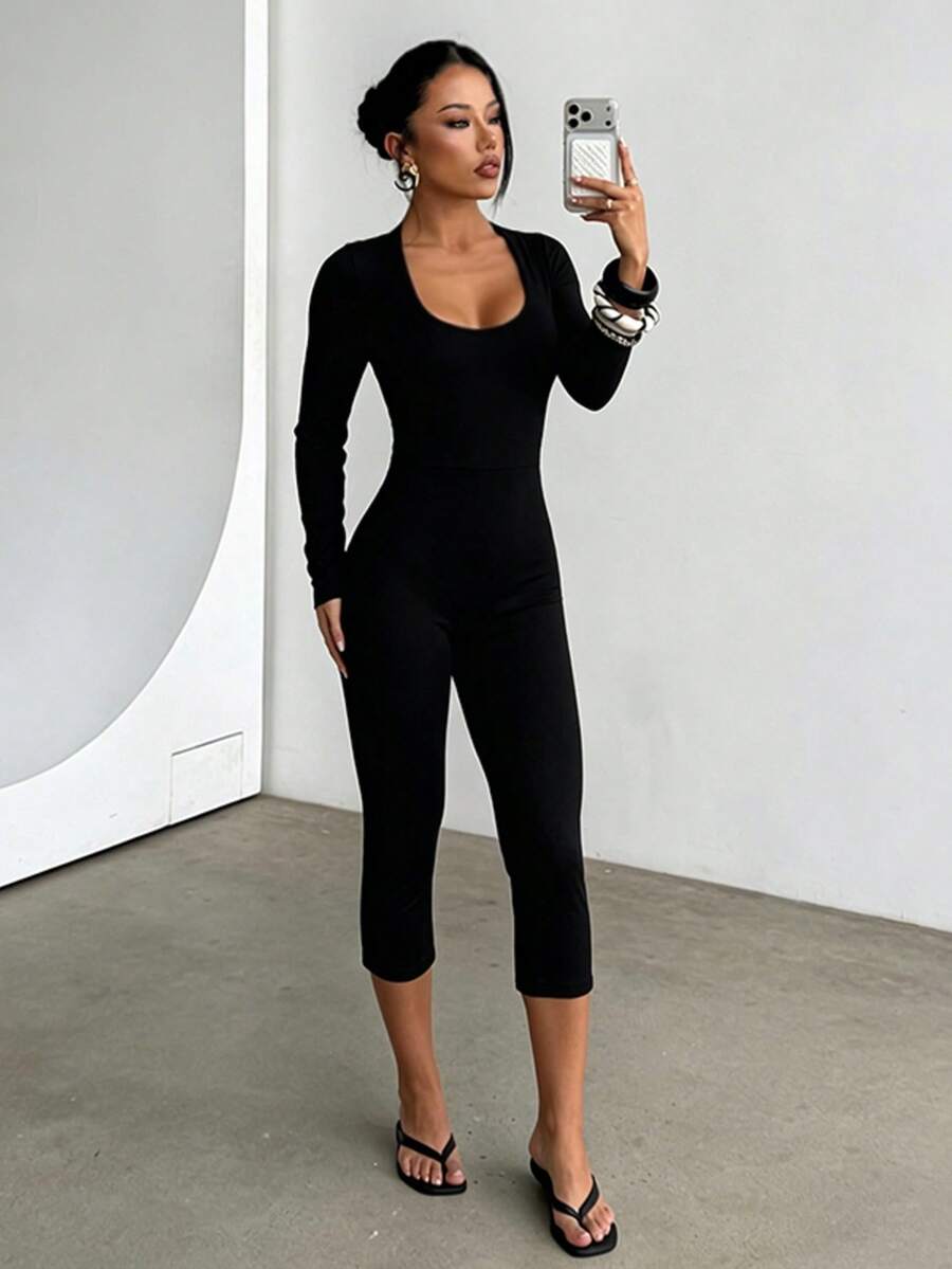 1 potong Jumpsuit Rajut Warna Polos untuk Kantor Musim Gugur - Hitam - View 1