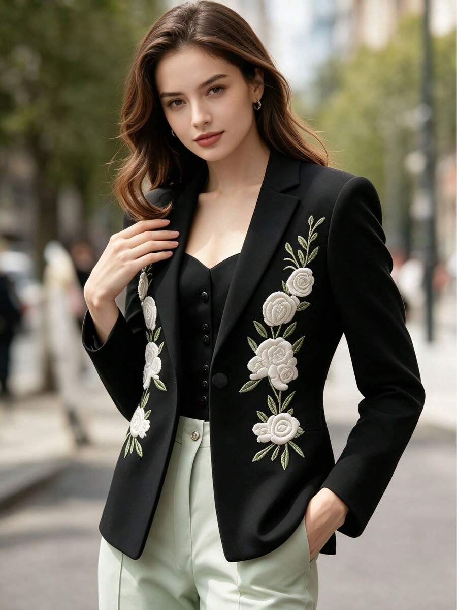 Women's Fashion Embroidered Blazer Jacket, Suitable For Daily Commute, Gatherings, And Weddings Black Spring Fall