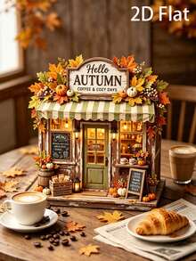 2D Flat Autumn Coffee Shop Decor, 2D Flat, Autumn Farmhouse Style Coffee Bar Decor, Rustic Pumpkin Wooden Storefront Sign, Cozy Autumn Multi-Layer Tray Decor - Multicolor - View 2