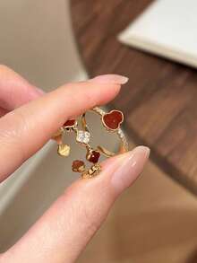 1pc Minimalist Fashion Red Oil Drop Gourd Four-Leaf Flower Open Ring, Luxury High-End Stackable Versatile Index Finger Ring For Women, New Year - Multicolor - View 1