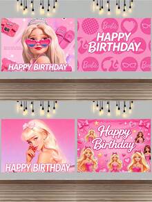MASSDI Birthday Backdrop Pink Cartoon Themed, HD Printed Waterproof Reusable Polyester Fabric, 4 Unique Designs Optional, 95x75cm / 37.4x29.5 Inch, Easy Hanging Photo Booth Prop For Celebration Wall Ornament Gift Party Favor Decoration - Multiple Styles - View 12