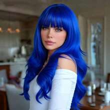 70cm Royal Blue Long Curly Wig With Bangs, Fluffy Natural Full Head Cover, Comfortable And Breathable, Suitable For Daily Wear, Festivals, Parties, Music Festivals, Halloween, Christmas Wear And Costume - Blue - View 7