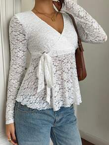 SCARLUX Women's Y2K Lace Top, Floral Lace, Fitted V-Neck Side Tie Ruffle Top, Suitable For Back To School, Streetwear, Daily Commute - White - View 10