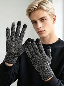 1 Pair Gray Fleece Lined Thick Warm Touchscreen Gloves, Winter Cold-Proof, Wind-Proof, Anti-Slip, Unisex - Multicolor - View 2