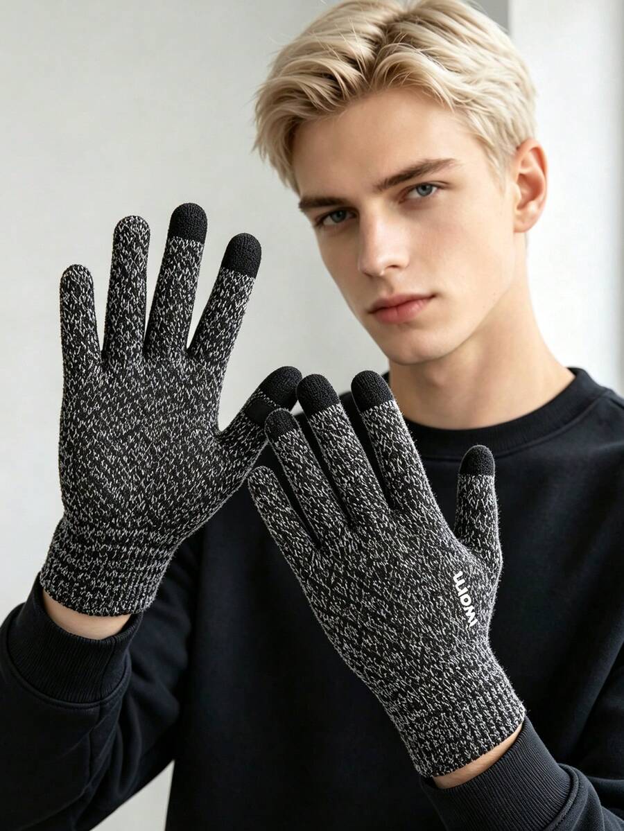 1 Pair Gray Fleece Lined Thick Warm Touchscreen Gloves, Winter Cold-Proof, Wind-Proof, Anti-Slip, Unisex