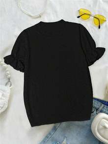 Women's Casual Yellow Round Neck Ruffle Short Sleeve Loose Fit T-Shirt, Spring/Summer Style, Suitable For Dating And Daily Wear - Black - View 9