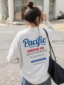 Kaos Lengan Panjang Wanita Model Longgar Serbaguna dengan Motif Huruf untuk Musim Semi/Gugur, Kasual - Abu-abu muda - View 2