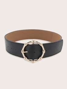 1pc Large Bamboo Knot Round Buckle PU Leather Belt - Black - View 2