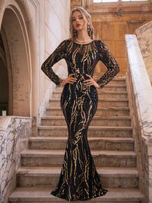 Romagic Round Neck Black & Gold Sequin Elegant Long Evening Gown For Ball - Black - View 4