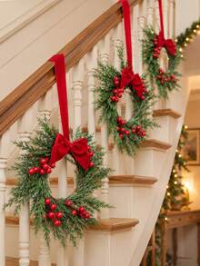 1/2/3pcs Christmas Wreath Garland, Artificial Cedar Wreath With Bows And Red Berries, Holiday Wall Door Decor For Home Party - Multicolor - View 2
