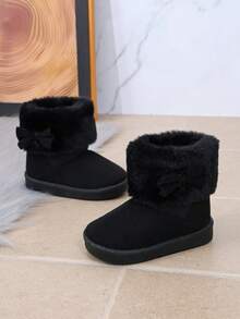 Fabric Bow Decoration, Black Plush Flanged Girls' Snow Boots, Winter Little Girls' One Foot Short Boots - Black - View 2
