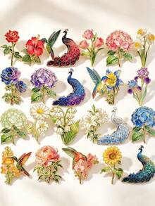 10pcs Random Style Flower Bird Peacock Brooch Set, Multiple Floral Hummingbird Peacock Designs Randomly Matched, Versatile Decorative Accessories For Coats Shawls Jackets - 10pcs Random Styles - View 3