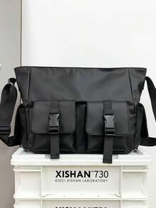 Black Waterproof Cargo Style Style Men's Tote Crossbody Bag, Double Buckle Front Pocket Multi-Pocket Large Capacity Storage, Adjustable Shoulder Strap, Functional Style Student Commute Travel Casual One Shoulder Handbag - Multicolor - View 6