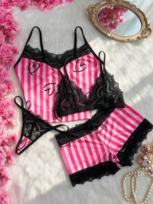 Pink & Black Striped Heart Print Lace Trim 4-Piece Set, Sweet Cool Sexy Loungewear Camisole Set - Hot Pink - View 3