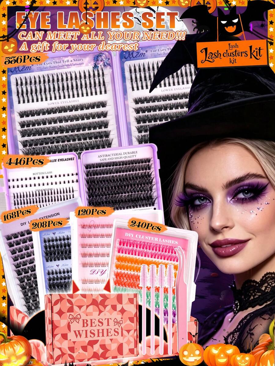 MEM Halloween Colorful Exaggerated Thick False Eyelash Set 536/446/168/208/120/240pcs,3D Voluminous Fluffy Cosplay Lashes,Curled Full Photo‑Friendly,Easy To Wear,For Comic Con,Stage,Masquerade,Party,Witch Demon Elf Halloween Looks,Beginner‑Friendly
