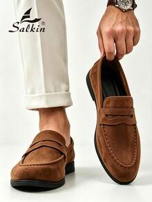 Salkin 經典設計男士便幣樂福鞋 一腳蹬 素色柔軟麂皮休閒鞋 舒適透氣 防滑耐磨底 優雅紳士社交鞋 日常穿著 學生畢業典禮 學院風商務正裝鞋 男士辦公室派對宴會 春夏秋款男鞋 - 摩卡棕 - 查看 1