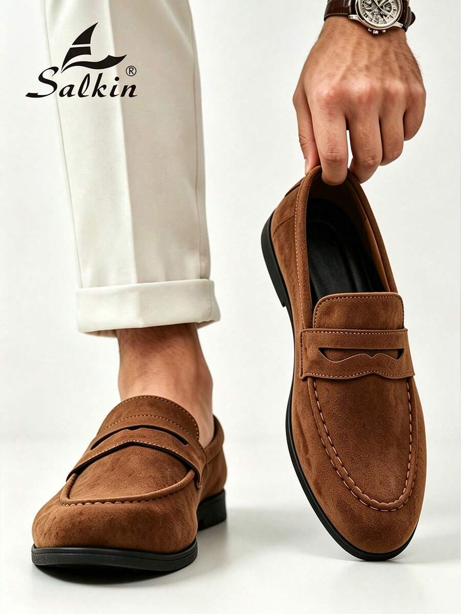 Salkin 經典設計男士便幣樂福鞋 一腳蹬 素色柔軟麂皮休閒鞋 舒適透氣 防滑耐磨底 優雅紳士社交鞋 日常穿著 學生畢業典禮 學院風商務正裝鞋 男士辦公室派對宴會 春夏秋款男鞋 - 摩卡棕 - 查看 1