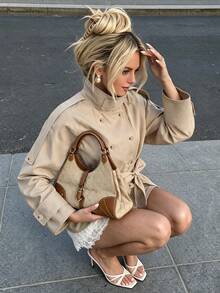 Autumn/Winter Solid Color Double-Breasted High Neck Long Sleeve Loose Fit Plus Size Trench Coat, Commute Date Vacation Outerwear - Khaki - View 1