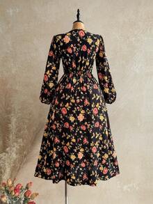 Rusttydustty Women's Vintage V-Neck Patchwork Lace Trim Floral Print Cinched Waist Long Dress, Autumn Women's Dress, Street Vintage Clothing - Black - View 10