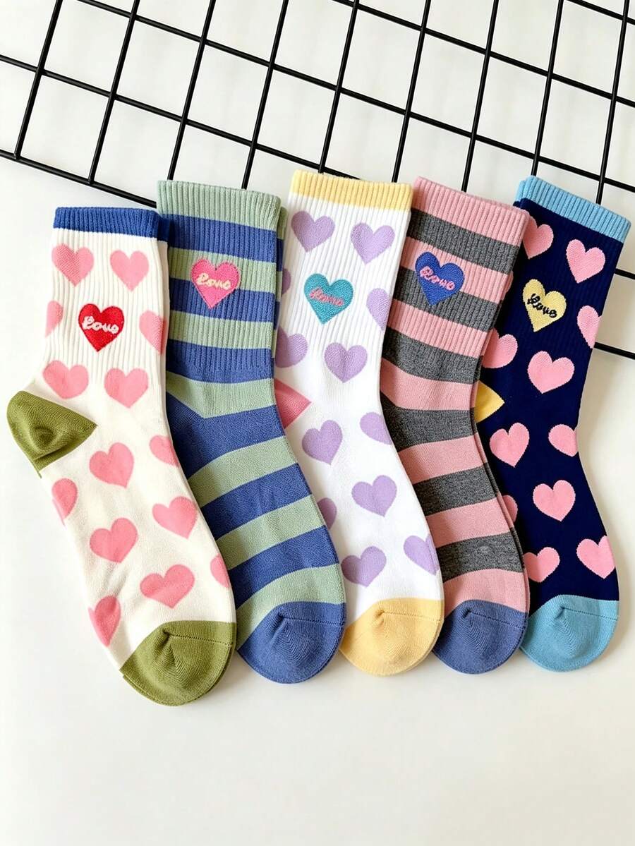 5 Pairs Fresh Girly Mid-Calf Socks, Heart LOVE Letter Jacquard Socks, Colorful Contrast Striped Soft Girl Casual Socks, Multi-Color Combination Versatile Women's Socks - Multicolor - View 1