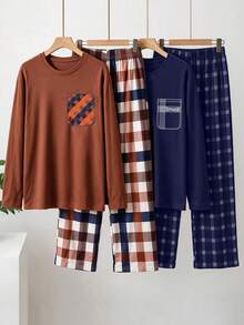 Man's Autumn/Winter Blue/Brown Round Neck Long Sleeve T-Shirt+Checkered Pants And Sleepwear Set, Teenager Daily Leisure And Entertainment Home Clothes - Multicolor - View 2