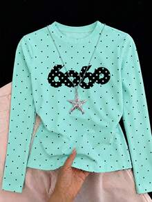 Niche Polka Dot Design Short Cropped Shoulder T-Shirt For Women, Autumn Round Neck Slim Fit Long Sleeve Y2K Top - Mint Green - View 1