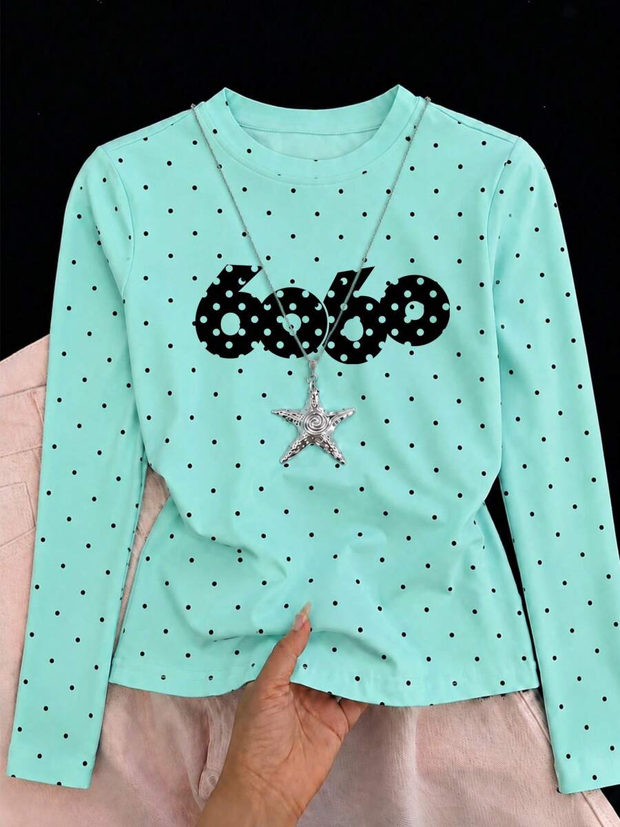 Niche Polka Dot Design Short Cropped Shoulder T-Shirt For Women, Autumn Round Neck Slim Fit Long Sleeve Y2K Top - Mint Green - View 1