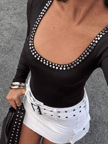 Casual Hot Girl Metal Rivet Decor Deep U-Neck Ribbed Slim Fit Long Sleeve Top, Autumn/Winter New Style, Street Party Daily Versatile - Black - View 4