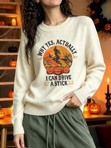 LOVE JOYY Women Fall Winter Off White Crew Neck Knit Sweater, Halloween Witch Pumpkin Letter Print, Drop Shoulder Loose Long Sleeve Pullover - Apricot - View 6