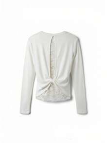 Korean Style White Lace Backless Shoulder Long Sleeve T-Shirt Women Autumn Short Design Top - White - View 9