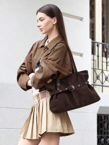 Women's Vintage Style Faux Leather Shoulder Bag, Motorcycle Design, Large Capacity Tote Bag, With Metal Buckle, Fashion Commuter Handbag - Multicolor - View 4