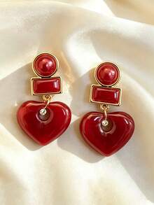 1 Pair Heart Dangle Drop Earrings Retro Geometric Pearl Statement Earrings For Women Party Daily Wear Jewelry Gift - Heart Pendant Earrings 1 - View 4
