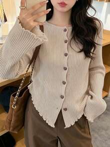 Women's Heart Button Cardigan Sweater, Autumn/Winter Loose Fit Asymmetrical Long Sleeve Knit Top, Elegant And Gentle Style - Oatmeal - View 3