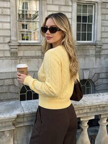 DONICY Women's Pale Yellow Hollow Crew Neck Single Button Cropped Knit Cardigan, Long Sleeve Thin Layering Sweater For Fall Winter Daily Wear - Yellow - View 2