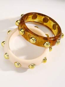 Set Gelang Resin Lebar Gaya Vintage Eropa & Amerika 1/2 buah dengan Paku Keling Emas, Tekstur Marmer Amber Imitasi, Aksesori Gelang Wanita Berlapis yang Dipersonalisasi - MultiWarna - View 5