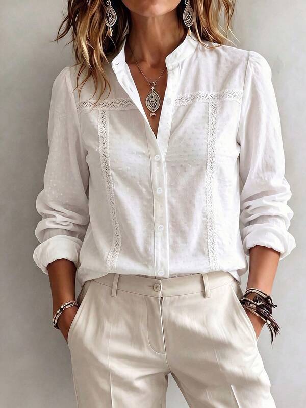 Blusa de manga larga con cuello alto, de estilo minimalista y casual, versátil para uso diario y de oficina, color blanco para mujer