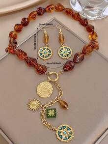 1Pc/Set Boho Irregular Amber Beaded Chain Necklace Compass Pendant Dangle Earrings Jewelry Set,For Women,Party,Daily,Birthday,Christmas/Halloween/Fall - Multicolor - View 5