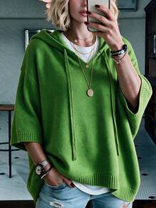 Plus Size Women's Hooded Knit Pullover Sweater, Drawstring Design, 3/4 Regular Sleeve, Loose Fit, Suitable For Casual Wear - Green - View 9